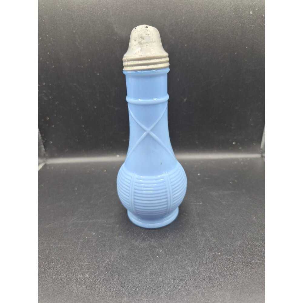 Jeannette Glass Company Delphite Blue Metal Lid Ribbed Crossed Design 6 In Tall